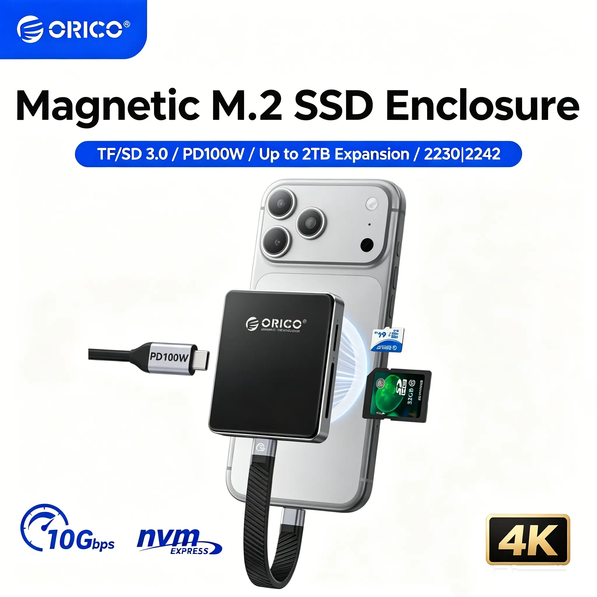 ORICO Magnetic M.2 2230/2242 NVMe SSD Enclosure for iPhone 4K ProRes Recording with SD/TF 3.0 Card Reader PD100W Charging Port, Support for iPhone 15/16/17 Series Laptop Tablet- Diskless AP42F