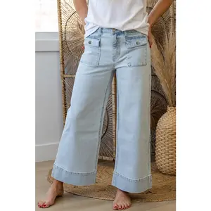 Sky Blue Striped Button Flap Pocket Cuffed Hem Wide Leg Jeans