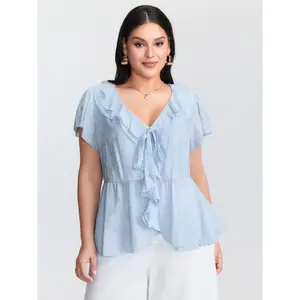 Women's Plus Size Short-Sleeve Polyester Textured Fabric Blouse - Lace, Lady Casual Top with Neck-Lengthening Ruffled Bow-Tie Neckline, Smooth Garment, 2026 Summer Mother's Day Pick [M-6X],summervibes