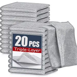 Stainless Steel Wire Dishcloth, 20pcs Durable Stainless Steel Rag, Machine Washable Microfiber, Multipurpose Dish Rags for Washing Dishes, Kitchen Cleaning Supplies