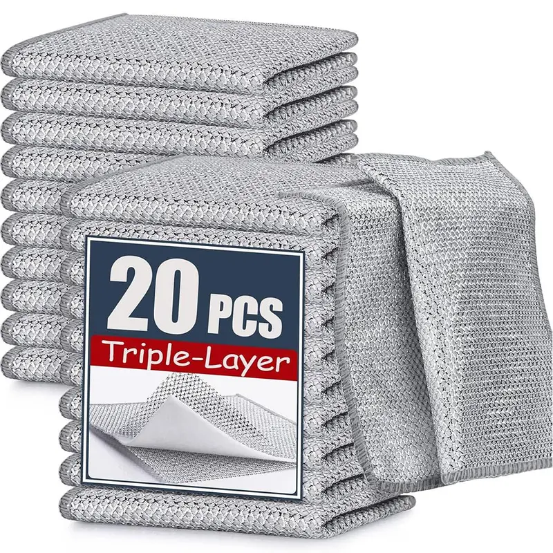 20pcs Rectangular Stainless Steel Wire Microfiber Dishcloths - Daily Rinse-and-Reuse, Durable Superfine, Machine Washable Scrubbing Rags for Washing Dishes, Microfiber Replacement Cleaning Cloths