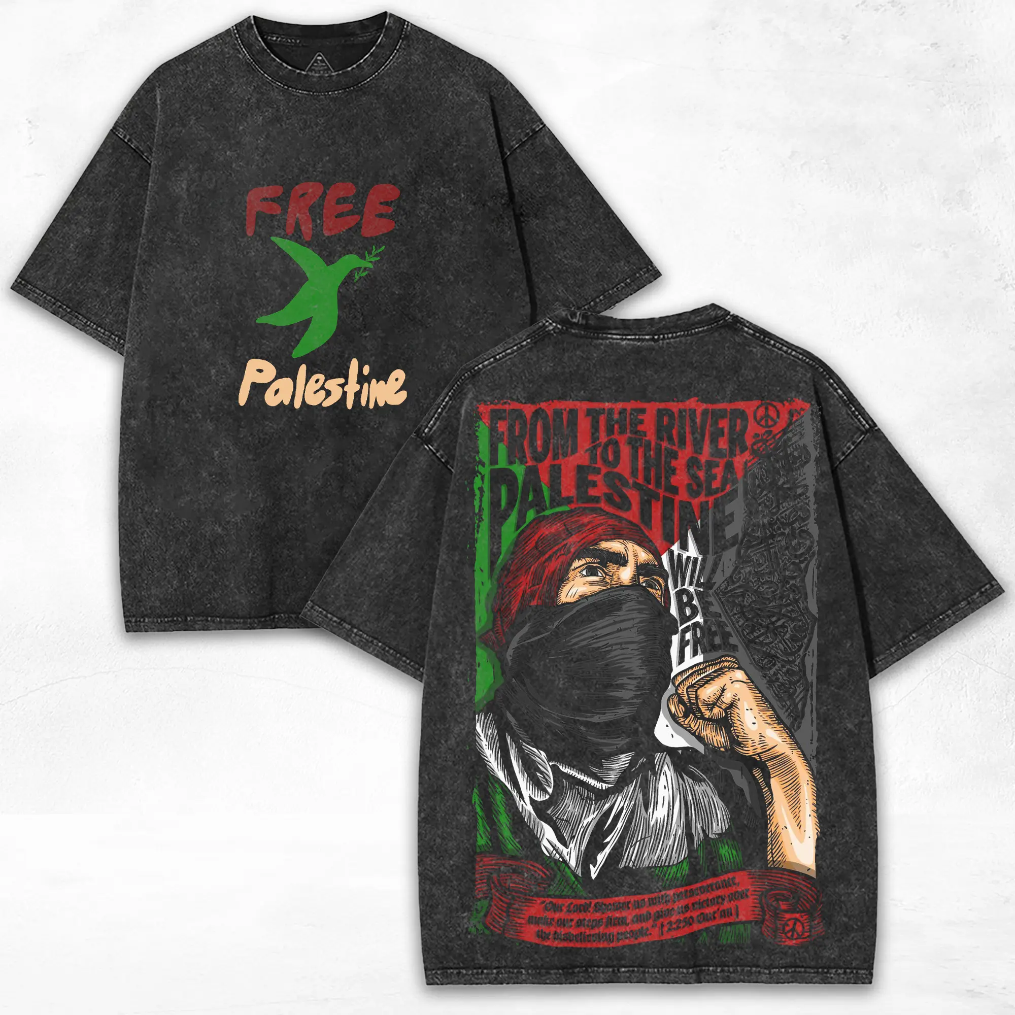 Freedom Palestine x Retro Aesthetic + Double-Sided Print + Washed Oversize Streetwear Tee Limited Drop