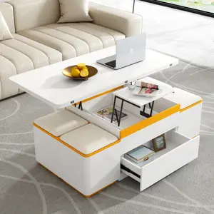 U-Can Lift-Top Coffee Table with 4 Storage Stools, Modern Space Saving Center Table with Foldable Top, Multi-Functional Adjustable Coffee Table for Living Room