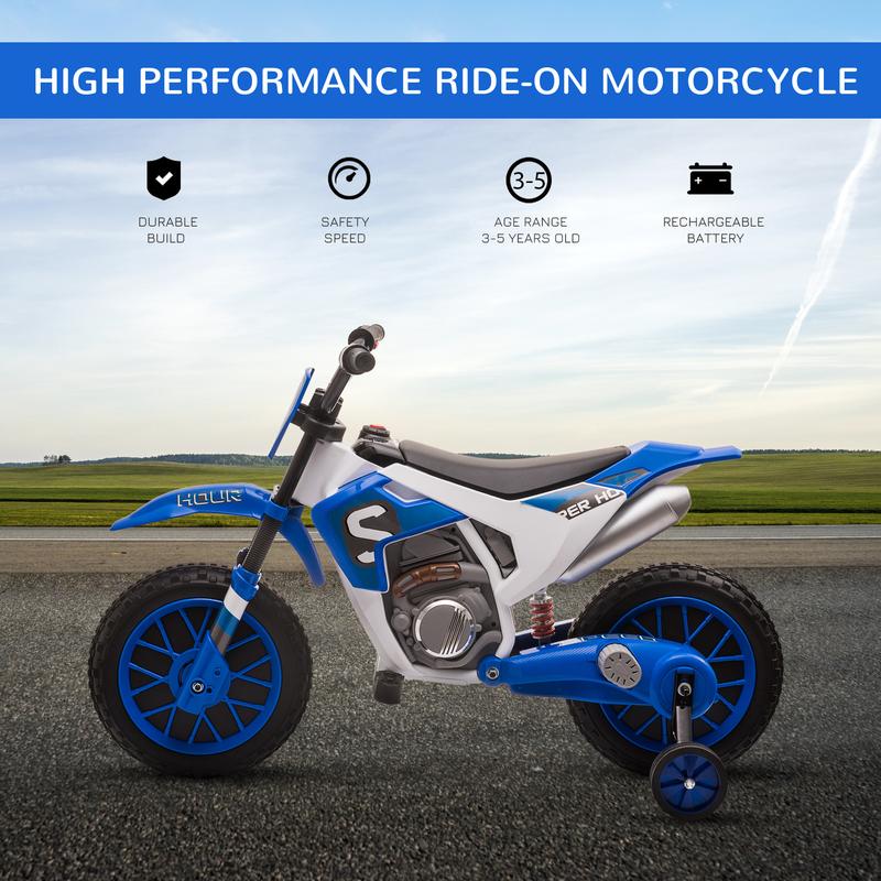 12V Kids Motorcycle Dirt Bike – Electric Battery-Powered Ride-On! Off-Road/Street Bike with Charging Battery + Training Wheels • Blue!