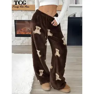 Women’s fleece sleepwear with cartoon bear pattern, thick knit warm home pants, comfortable soft velvet nightgown, casual fit for fall and winter