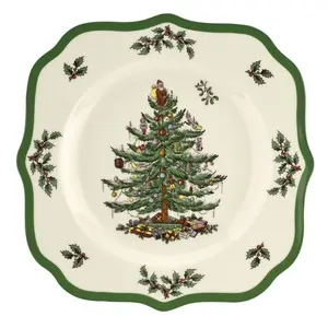Spode Christmas Tree Scalloped Salad Plate - Holiday-Themed Stoneware Appetizer Plate - 9 Inch Christmas Dinner Dish - Dishwasher & Microwave Safe