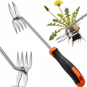 Hand Weeder Tool, Heavy Duty Stainless Steel Garden Weed Puller with 4-Tine & Root Removal Fork, Deep Root Weed Remover for Dandelion, Crabgrass & Thistle, Weeding Tool for Lawn Yard Farm (Orange)