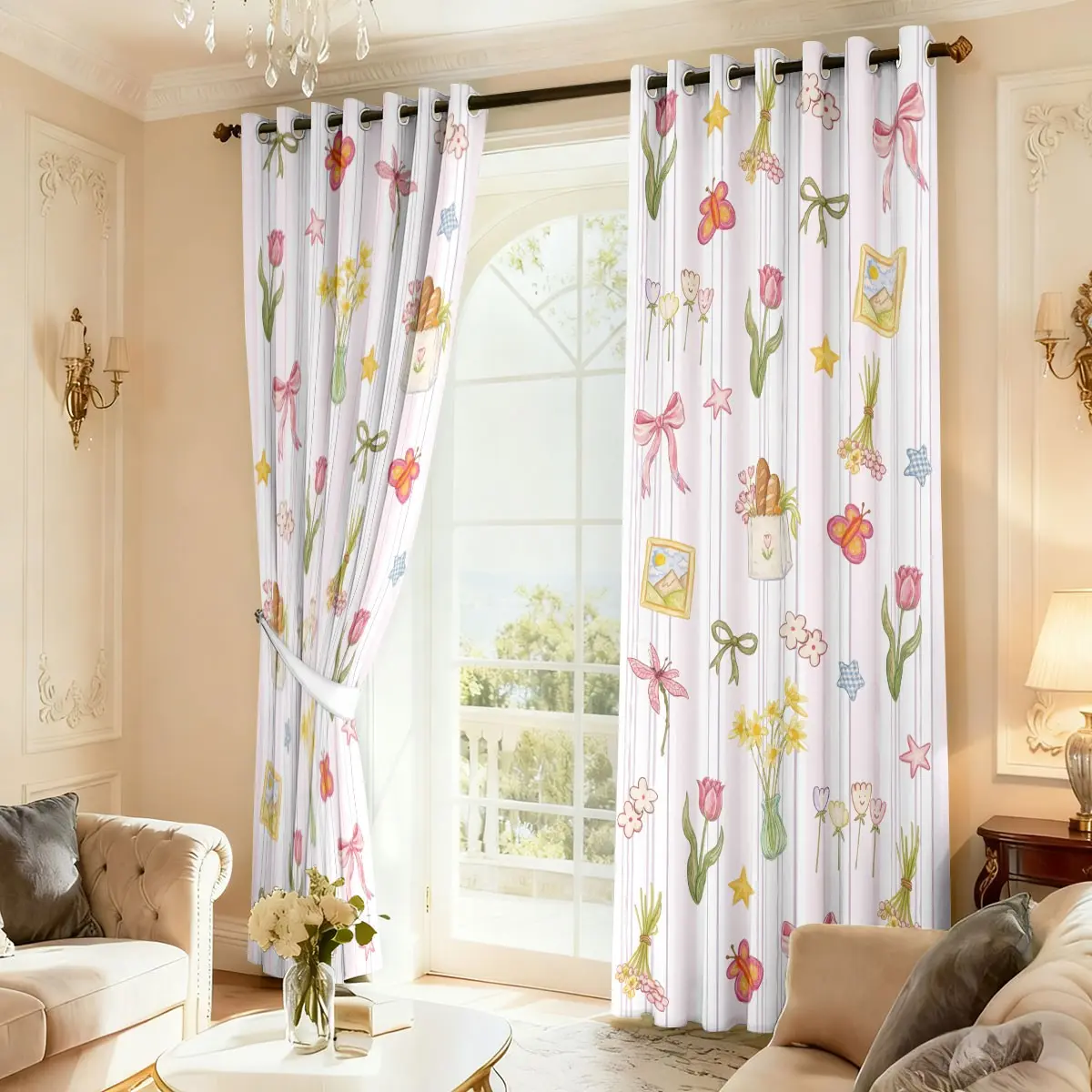Tulip Pattern Bedroom Blackout Curtains, 84 Inch Long Sunshade Drapes, for Living Room Darkening, Window Panels for Study Guest Room Grommet Top 2 Panels