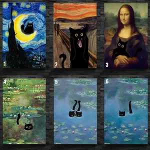 Funny Van Gogh Starry Night Cat Wall Art Famous Oil Painting Black Poster
