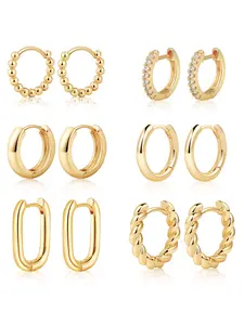 6 Pcs Earrings Chunky Hoop Earrings Set for Women,Gold Plated Twisted Hoop Earrings Anti-Allergy Thick Open Lightweight Chunky Hoop Earrings Jewelry Gifts