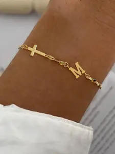 Initials Cross Bracelet, Stainless Steel Lip Chain Bracelet for Women, Letter Link Bracelet, Elegant Fashion Accessories for Daily Wear