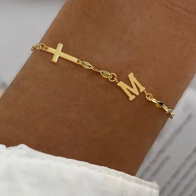 Initials Cross Bracelet, Stainless Steel Lip Chain Bracelet for Women, Letter Link Bracelet, Elegant Fashion Accessories for Daily Wear, Fashion Bracelets