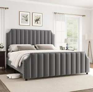 Gaomon Queen Size Velvet Wrap Upholstered Platform Bedframe, with Copper Nails, Headboard, Footboard, Strong Wooden Slats Support, No Box Spring Required, Light Gray
