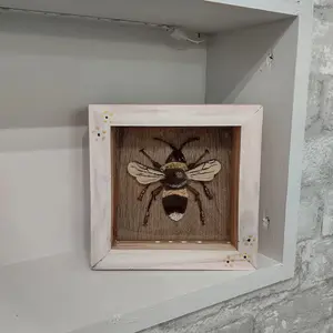 Painted Bumblebee in a Wooden Box | Original 3D Acrylic Painting on Resin Layers Titled "Bee-autiful!" by Artist Kari Lynn M.