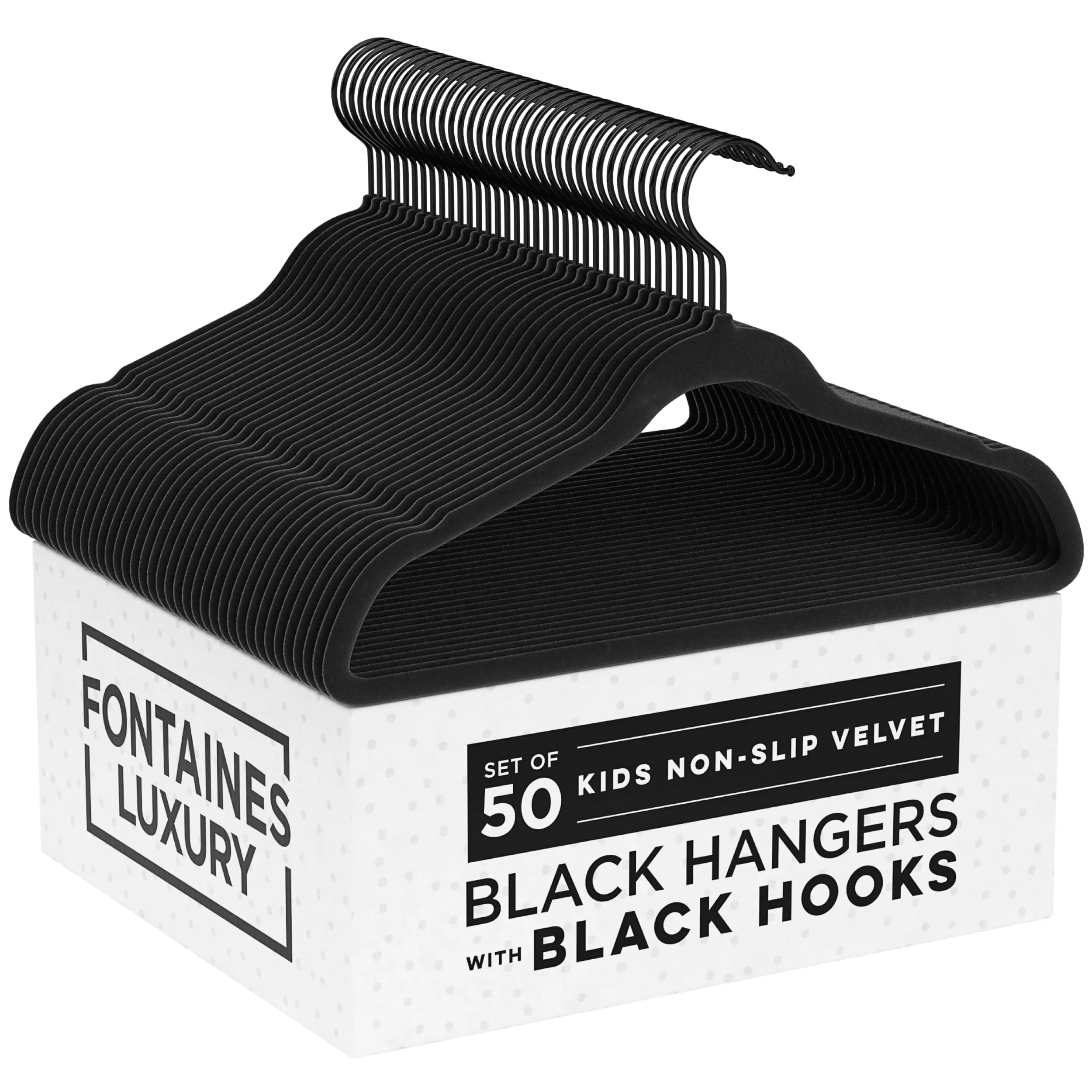 Fontaines Luxury Kid's Black Velvet Felt Non Slip Clothes Hangers 50 Pack - Heavy Duty Swivel Black Hook for Children's Clothing Hanging & Organizer