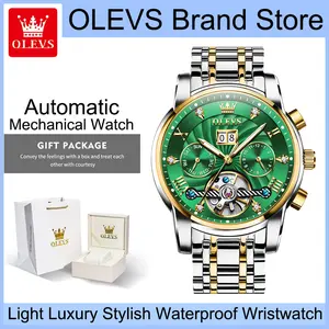 OLEVS 9910 Automatic Mechanical Watch for Men, Luxury Business Dress Wristwatch, Green Dial with Roman Numerals & Diamond Inlays, Multi-Functional Date Month Week Display, Luminous Hands, Water Resistant Stainless Steel Watch, Premium Gift for Gentlemen