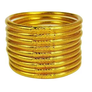 5 colors of cow ring stamping bracelet, glitter and jelly bracelet set, 9 pieces of silicone gold filling bracelet, women's layered shiny bracelet, sparkling!