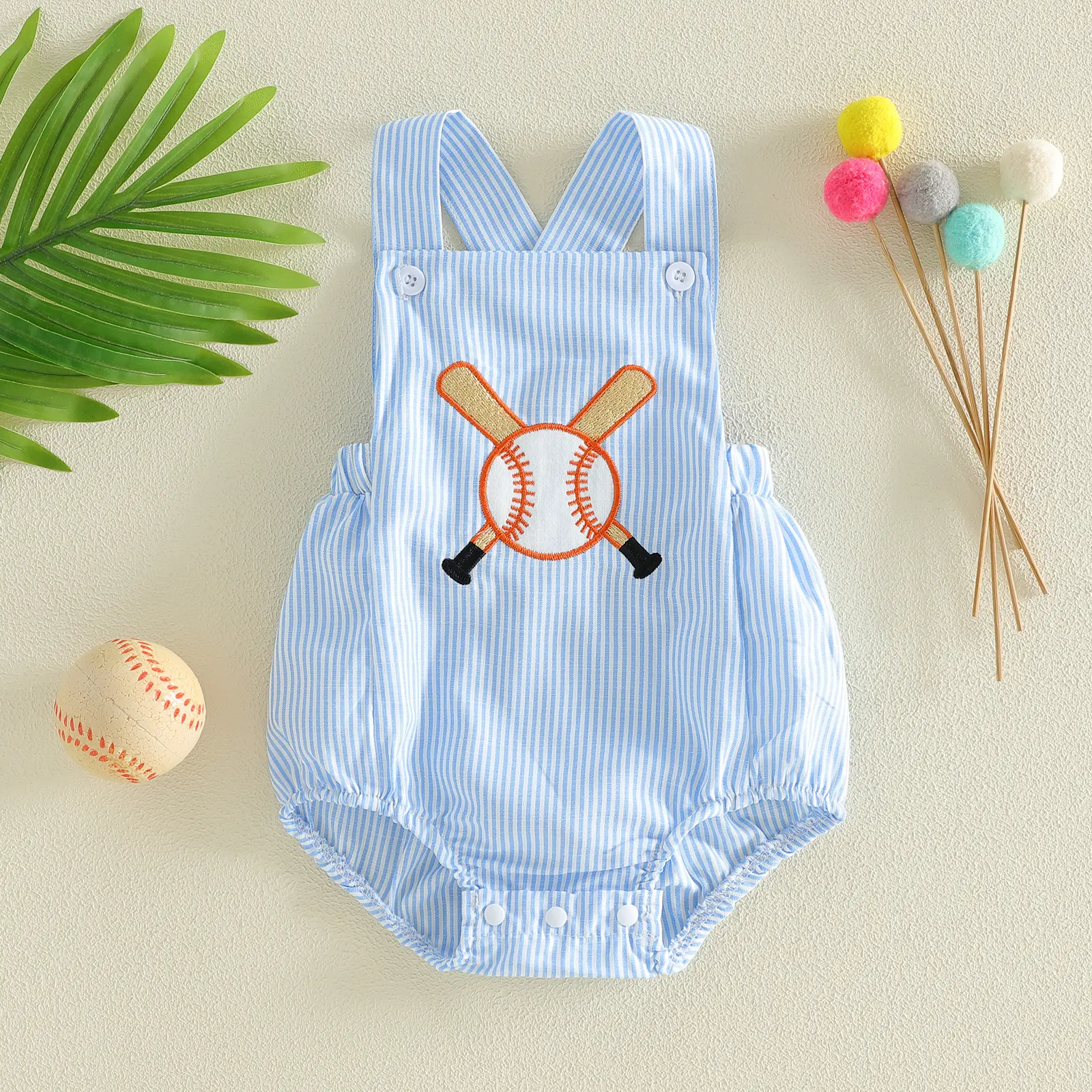 Afunbaby Infant Baby Boys Overalls Romper Baseball Embroidery Striped Sleeveless Jumpsuit Suspender Pants for Toddler Girl Boy