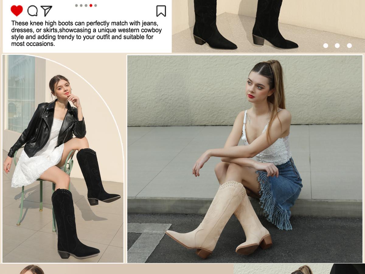 Cowboy Boots for Women Embroidered Woven Knee High Cowgirl Boots Square Toe Chunky Heel Pull On Country Boots