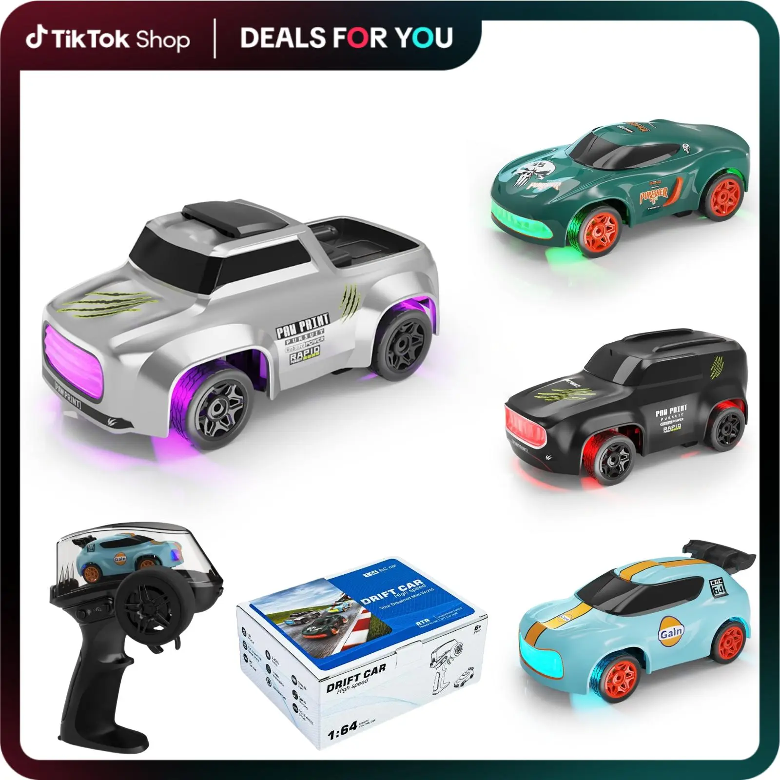 Hotfree 1/64 Scale 4WD Indoor Mini RC Drift Car - Remote Control Hobby Toy with Multi-Color LED Lights, DIY Custom Stickers, Desktop Play, Cool Birthday Gift for Boys