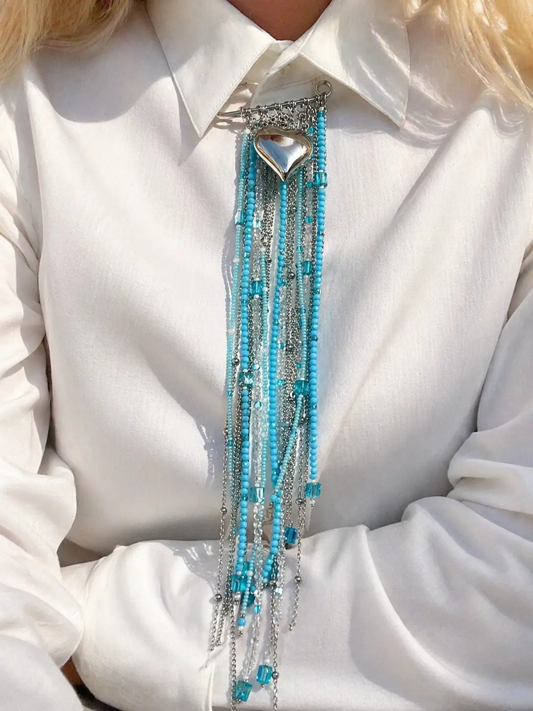Statement Fringe Safety Pin Brooch – Handmade Blue Crystal Tassel Pin