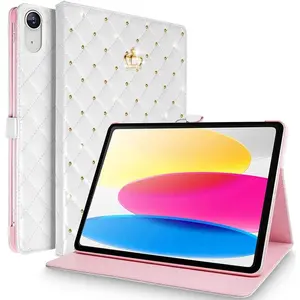 for iPad (A16) 11th Generation 11 Inch 2025/iPad 10th Generation 10.9" 2022 Case, Girly Crown Rhinestone Cute Elegant PU Leather Auto Sleep/Wake Stand Shockproof Case for iPad 11th/10th,White