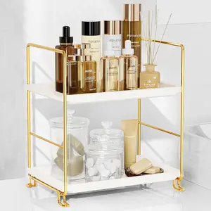 2-Tier Counter Organizer, Tool-Less Organizer for Skincare, Organizer Tray for Perfume & Cosmetics, (White & Gold)