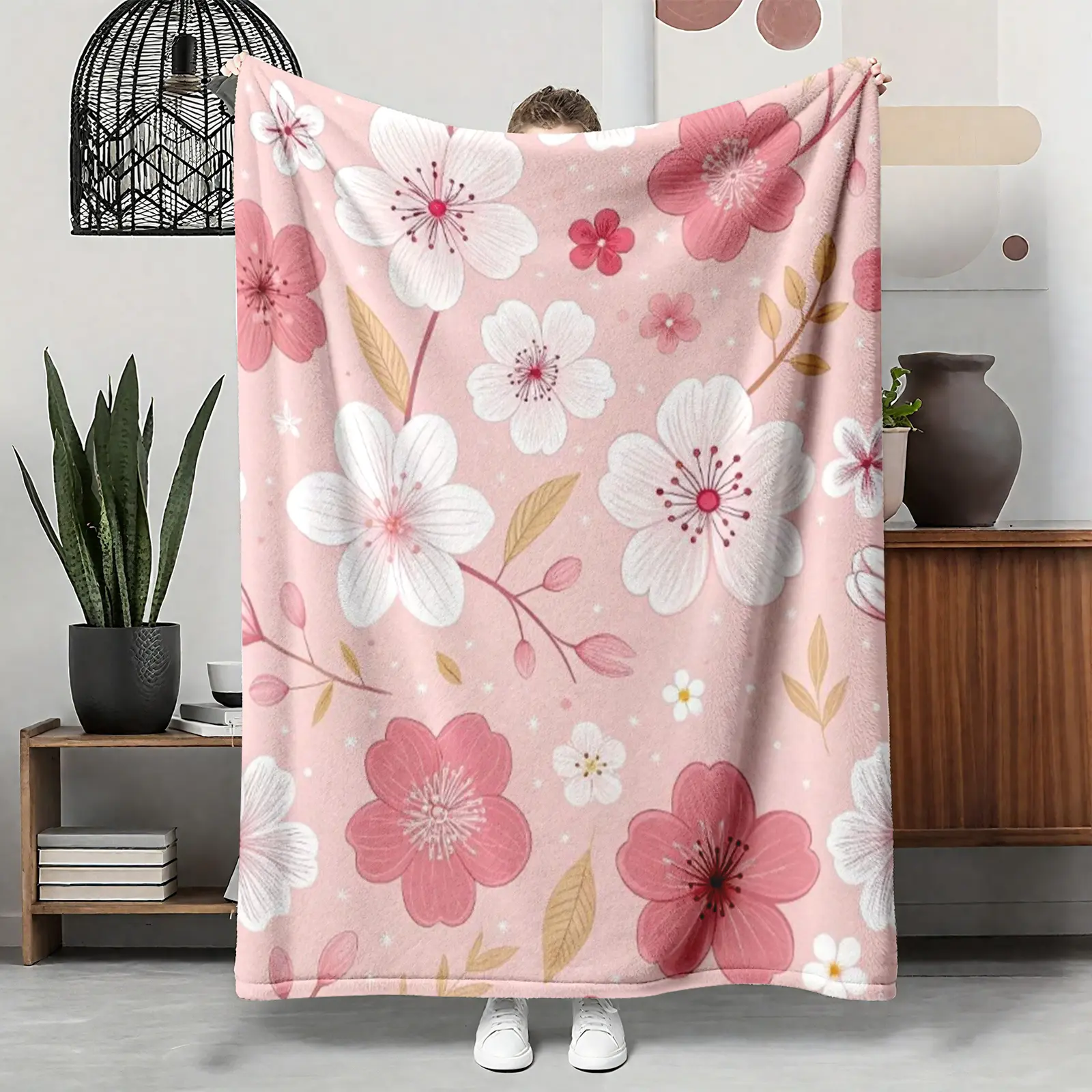Sakura Cherry Blossom Brushed Flannel Throw Blanket - Double-Sided Fleece, Breathable Light, Wrinkle Resistant, Pink White Watercolor Floral, Cozy Warm, Couch & Bed Use, All-Season Versatility, Valentine's Day Gift for Girlfriend, Spring Bedroom Decor