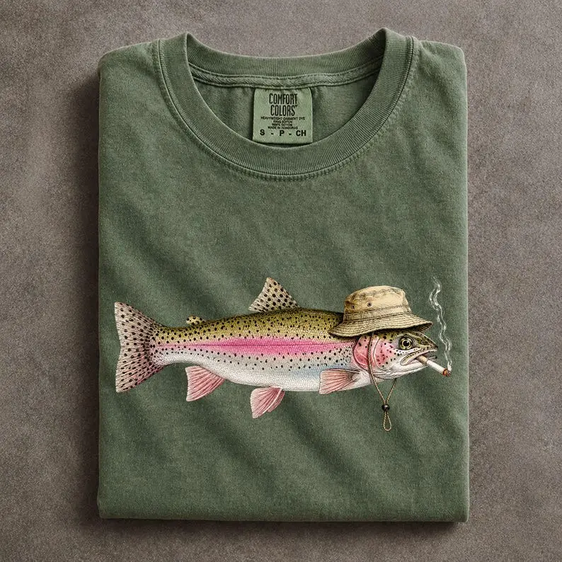 Comfort Colors Rainbow Trout Fishing T-Shirt, Funny Smoking Fish Meme Gift for Him, Angler Tee