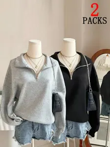 Women's Two-Piece Sweater Set, Zipper Half-Open Design, Comfortable Versatile Solid Color, Knitted Fabric Warm Fashion Classic Sportswear