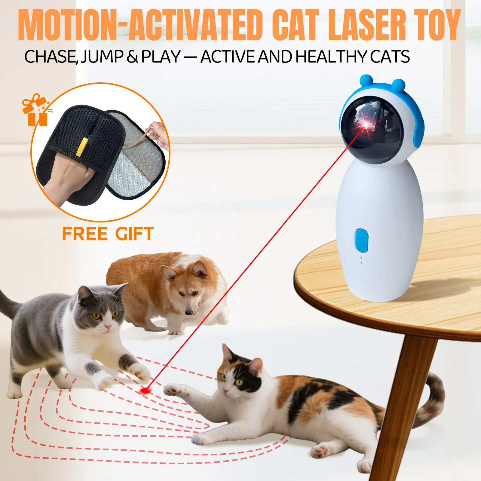 Interactive Cat Laser Toy - USB Charge Portable Light & Laser Toy, Random Light, Timer, Movement, Safe Design, Enhances Hunting Skills, Active Healthy Cats, Christmas Pet Gift
