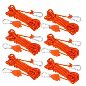 6PCS Reflective Camping Guyline Set, Adjustable Orange Rope with Metal Hook Clips, Outdoor Wind Rope for Tents, Canopies