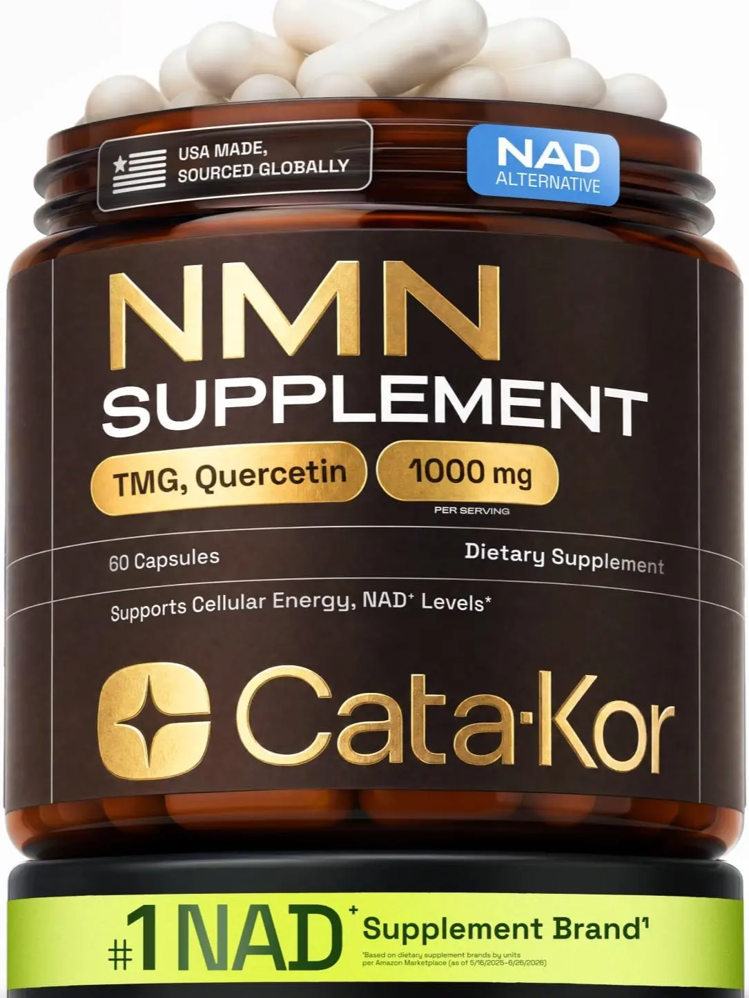 Cata-Kor NMN Supplement – 4-in-1 NAD Supplement with Quercetin | TMG | Resveratrol – NMNH Alternative – Supports Cellular Energy & NAD+ Level – 60 Capsules – Third-Party Tested (1 Pack)