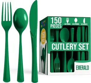 Stylish Emerald Green Heavy-Duty Disposable Plastic Cutlery Set, 150-Piece Tableware (Equal Forks, Knives, Spoons) for Birthday Party Supplies