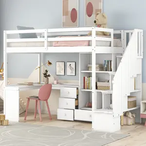 Wooden bunk  with L-shaped desk and drawers, cabinets, and storage stairs, suitable for bedrooms and small spaces, easy to assemble. full metal bunk   frames for queen hovering bed fabric