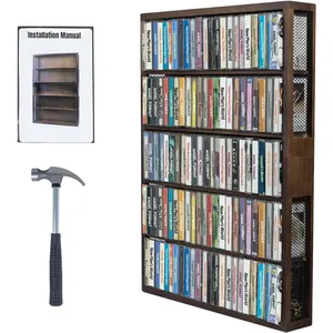 Wooden cassette tape storage rack, large capacity holds up to 115 cassette tapes, wall-mountable, 17 × 25.4 × 2.75 inches, perfect for cassette collections, wire mesh on both sides, rustic design