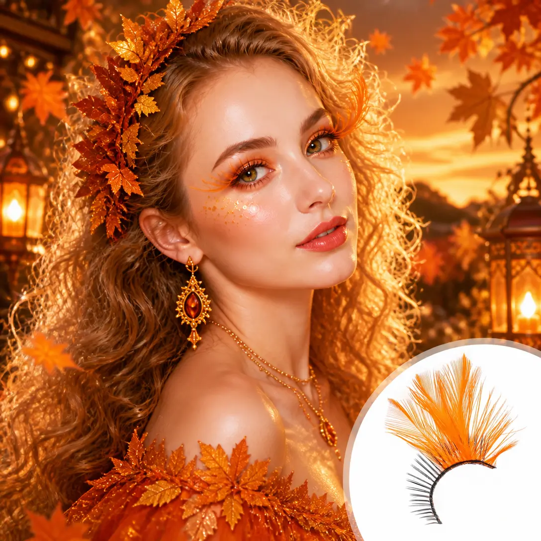 Dorisue P26 Feathered False Lashes, Orange Flame Gradient Cat-Eye, 21mm D Curl, Reusable for Fire Cosplay & Autumn Festivals, Eyelashes Extensions, Makeup, Lash Extensions, Cosmetic, 0.07Mm, Cosplayers, Feather Lashes