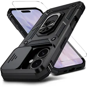 for iPhone 17 Case with HD Screen Protector & Slide Camera Cover & Rotated Ring Kickstand, [Military-Grade] Rugged Heavy Duty Protective Phone Case for iPhone 17 6.3 inch, Black