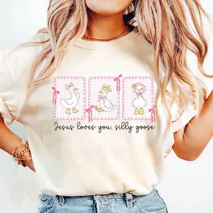 Christian Silly Goose Trendy Faith Based Design Tee, Jesus Loves You Christian Shirt, Cute Coquette Girly Frame Pink Goose Womenswear