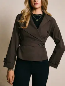 Women's Brown Belted Trench Coat - Autumn and Winter Solid Color Long Sleeve Jacket, Casual and Stylish Fitted Outerwear, Solid Color Coat, Fashionable Top, Perfect for Daily Outfits and Casual Office Occasions