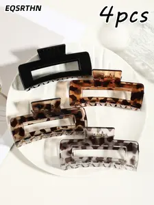 4-Piece Leopard Print Rectangular Hair Claw Set, Festival Bestseller! Fashionable design, slip-resistant and durable, easily secures thick, wavy, and fine hair, perfect for women's daily and party styling to showcase individual charm!
