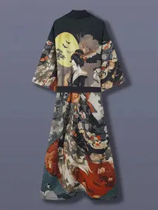 Traditional Ethnic Style Japanese Beauty Print Long Sleeve Satin Kimono Cardigan Women's Beautiful Elegant Streetwear Casual Outerwear all season cozy layer classic coat versatile everyday jacket weather ready, premium feel
