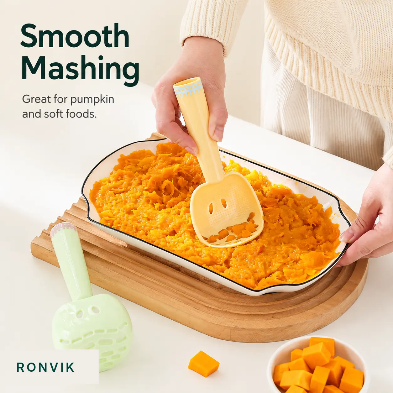 5-in-1 Compact Lightweight Spoon Shape Food Masher Utensil - Mashed Potato Masher with Grater, Strainer, Egg Separator for Baby Food