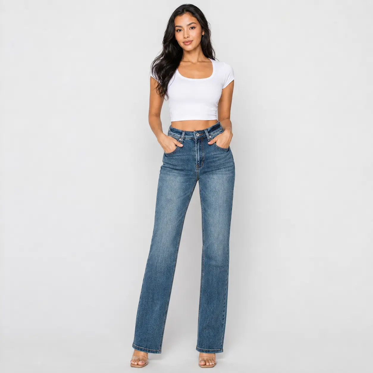 CANANA Women's Vintage High Rise Micro Flare Stretch Bootcut Jeans Dark Wash SH25F05 Regular Fit Denim Pants for All Seasons Streetwear Bottoms Trouser