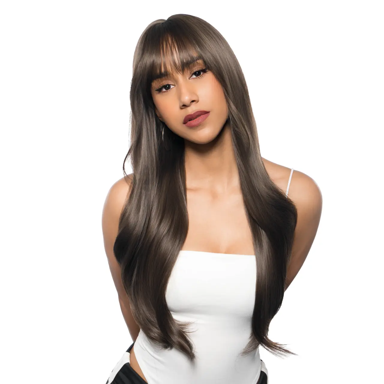 25-Inch Solid Dark Ash Brown Wavy Synthetic Wig | 【Free-part Hard Front】【Heat Resistant】【Cap Included】 | 51FSGB
