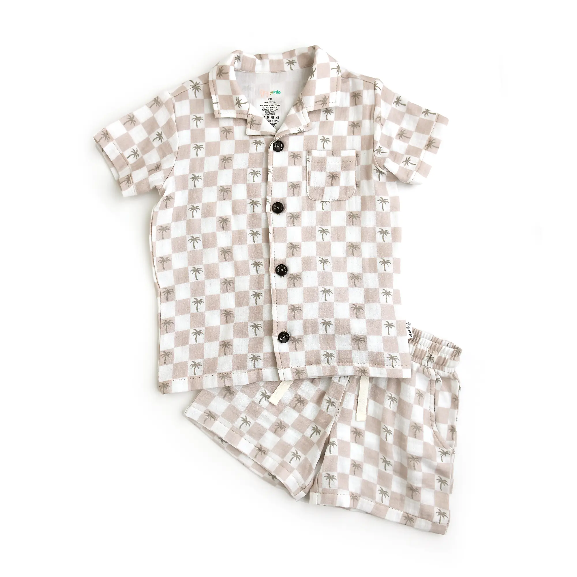 Beau Palm Tree COASTAL SET ORGANIC 100% Cotton Summer Boys 4 Button Up Shirt & Adjustable Brawstring Shorts Gigi and Max