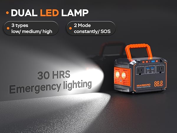 MARBERO 88.8Wh Portable Power Station with 2 x 100W AC Outlets(150W Surge) 6 Output Ports Built-in Flashlight for Camping Essentials Power Outage Outdoor Emergency
