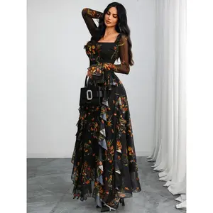 Gothic sexy elegant printed long-sleeve square-neck romantic mesh patchwork knit waist dress, fitted style for all seasons