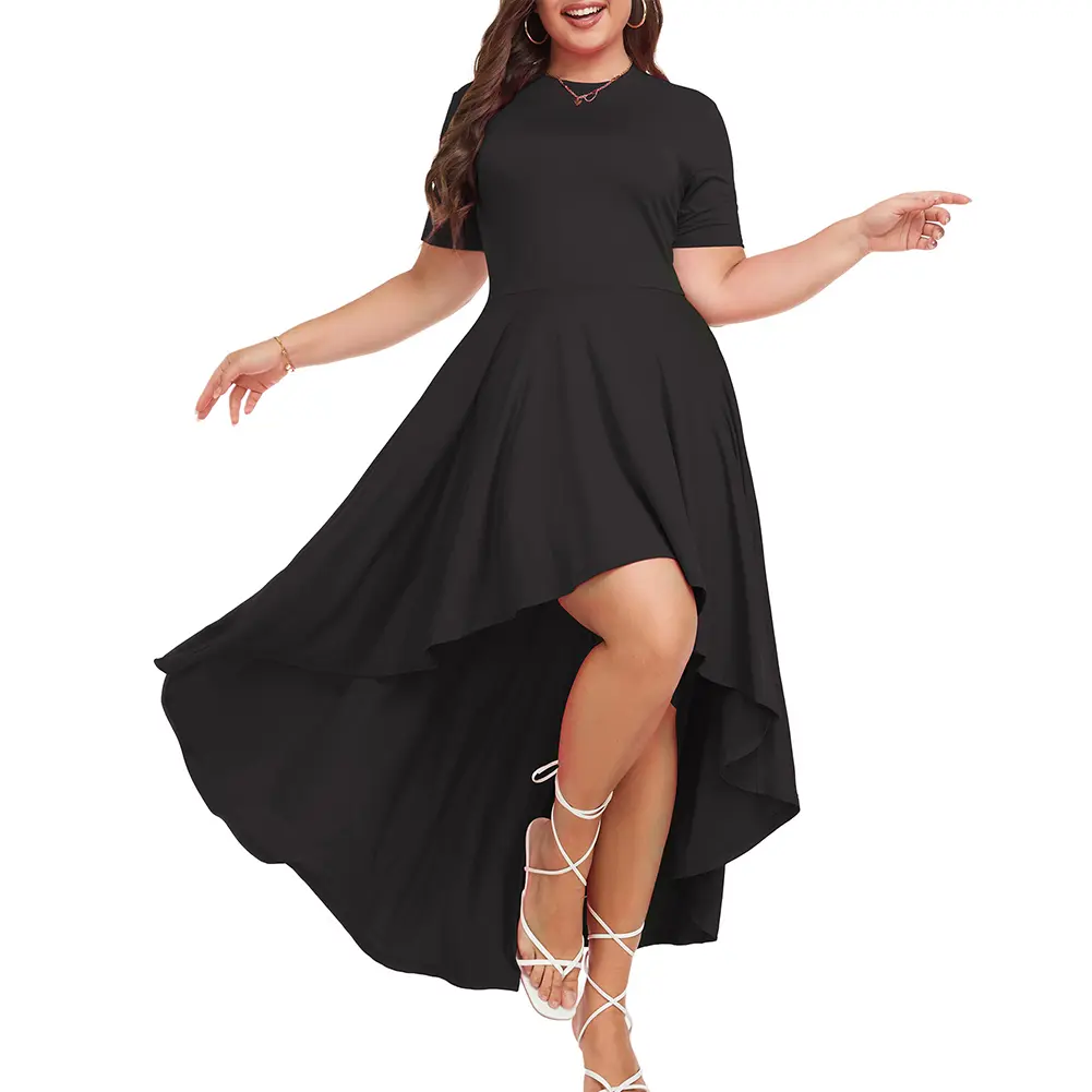 Women's Basic Minimalist Plus Size High-Low Maxi Dress - Lady's Casual Wear, Short Sleeve, Ruffle, Flowy, Elegant Summer Dress, 1X-6X TJ32216, Womens Summer Dresses