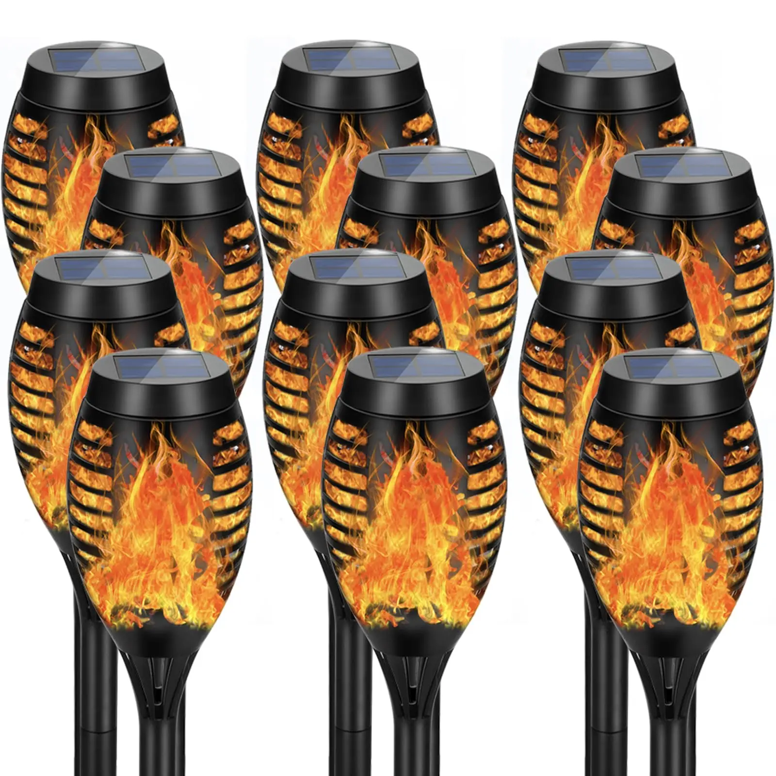 12-Pack Upgraded Solar Tiki Torch Flame Effect Lights - Waterproof LED Solar Lights with Dancing Flickering Flames for Garden Patio Pathway Decor